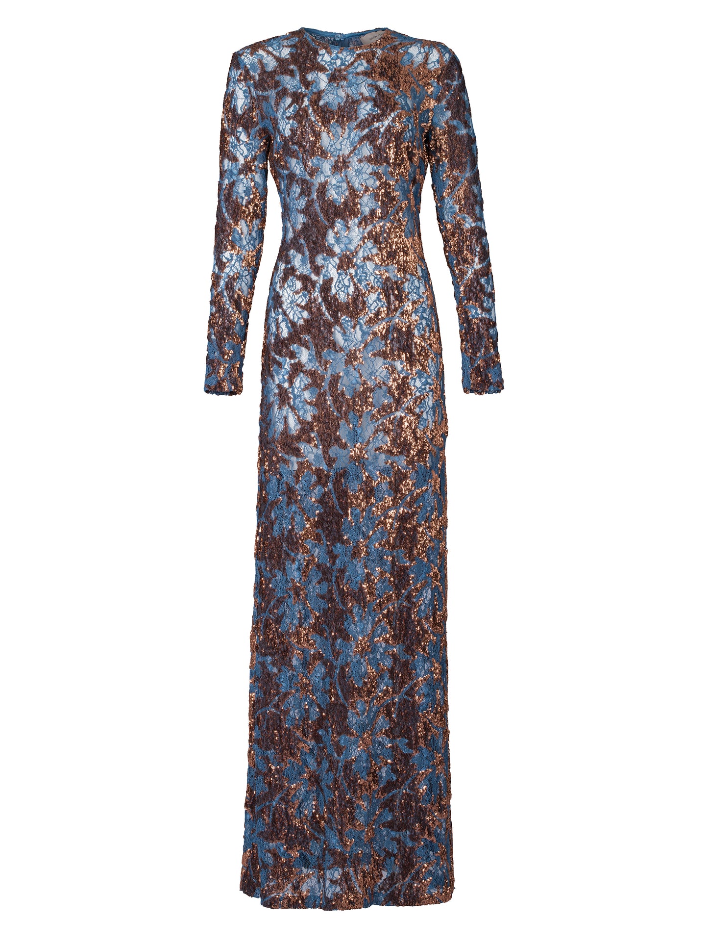 Person in the Ida Dress Navy Ochre Sequin, a long-sleeved, floor-length gown featuring an intricate blue and brown pattern, stands against a plain blue background, ready to dazzle at the gala on September 2nd.