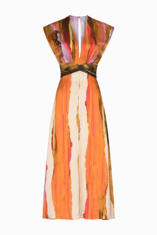 A Ivanova Dress Orange Orchid Abstract Stripes displayed on a mannequin with a V neckline.