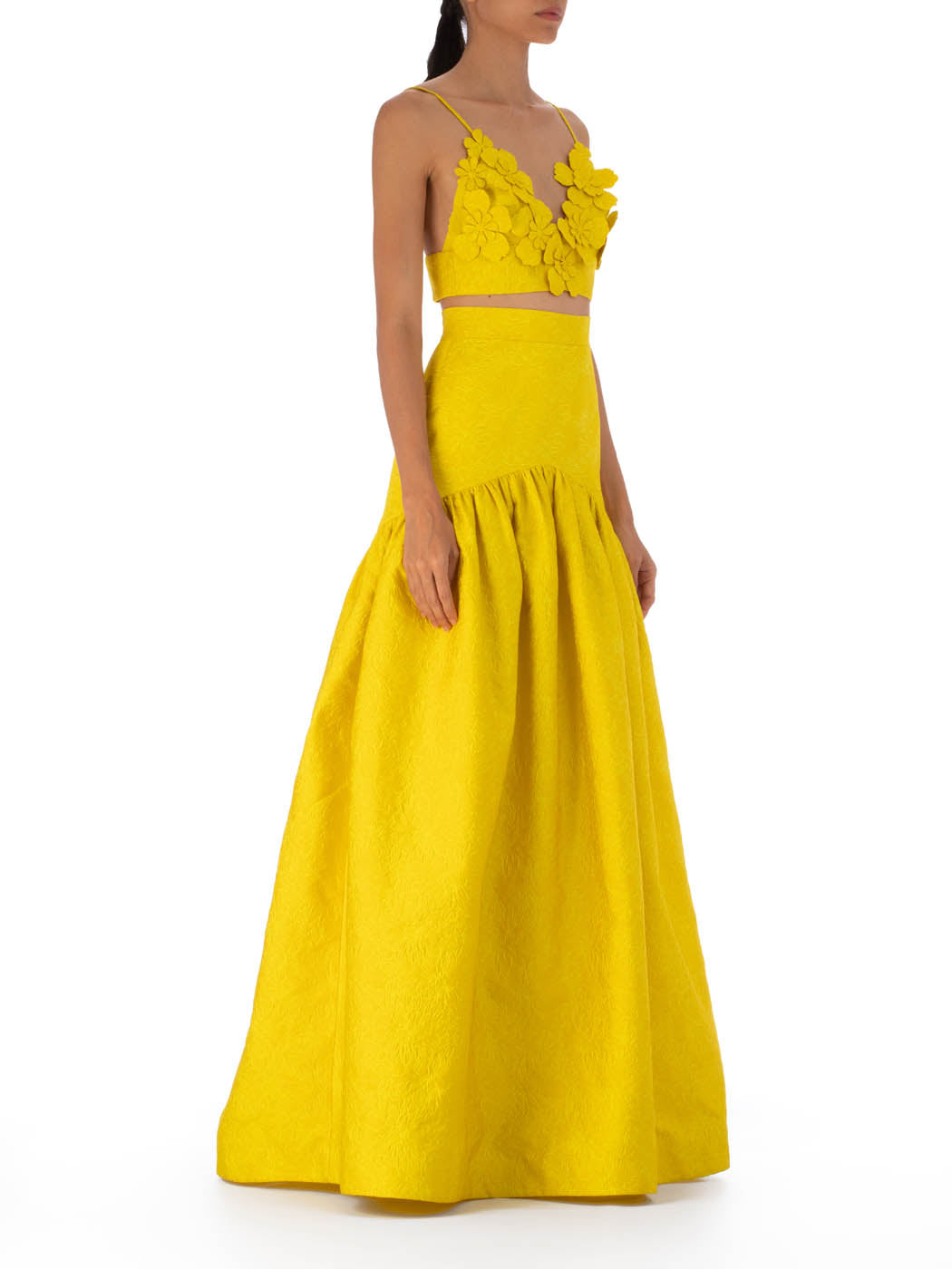 Yellow halter-neck evening gown with a full Eider Skirt Limoncello, displayed on a plain white background.