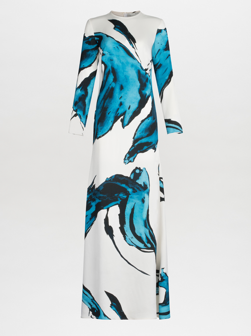 A Ida Dress Multi Abstract Waves with large blue abstract patterns, displayed on a plain background.