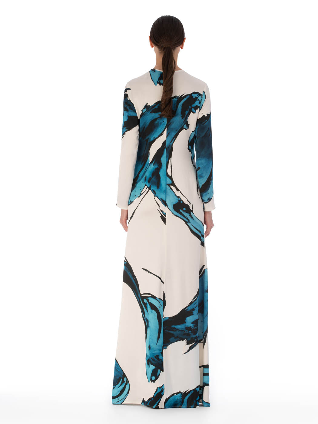 A Ida Dress Multi Abstract Waves with large blue abstract patterns, displayed on a plain background.