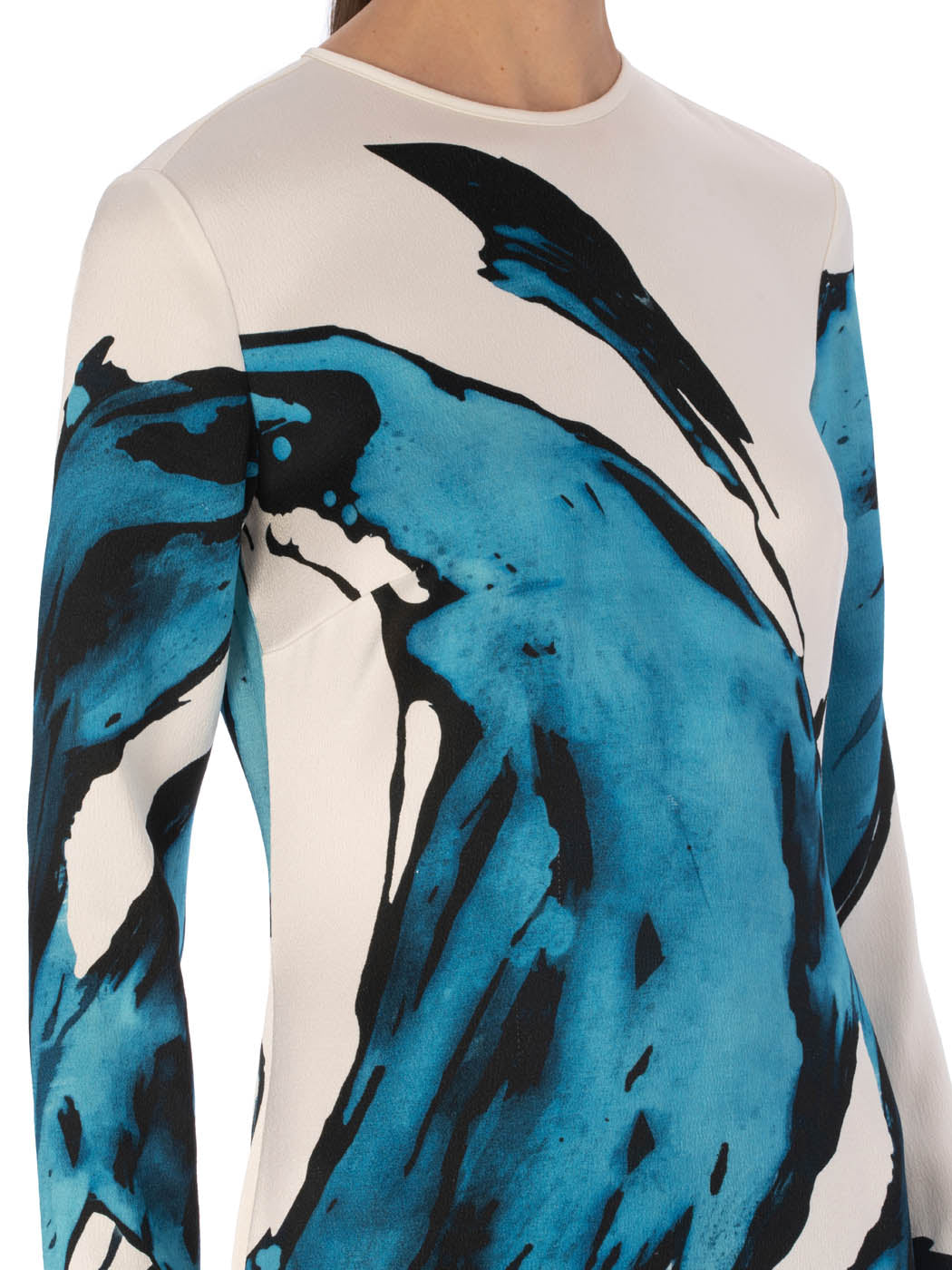 A Ida Dress Multi Abstract Waves with large blue abstract patterns, displayed on a plain background.