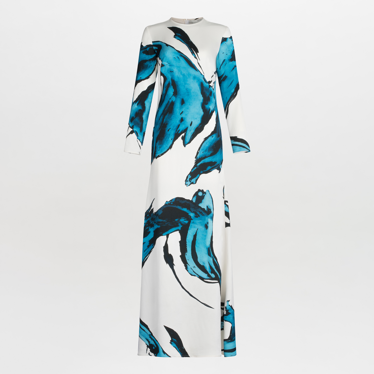 A Ida Dress Multi Abstract Waves with large blue abstract patterns, displayed on a plain background.