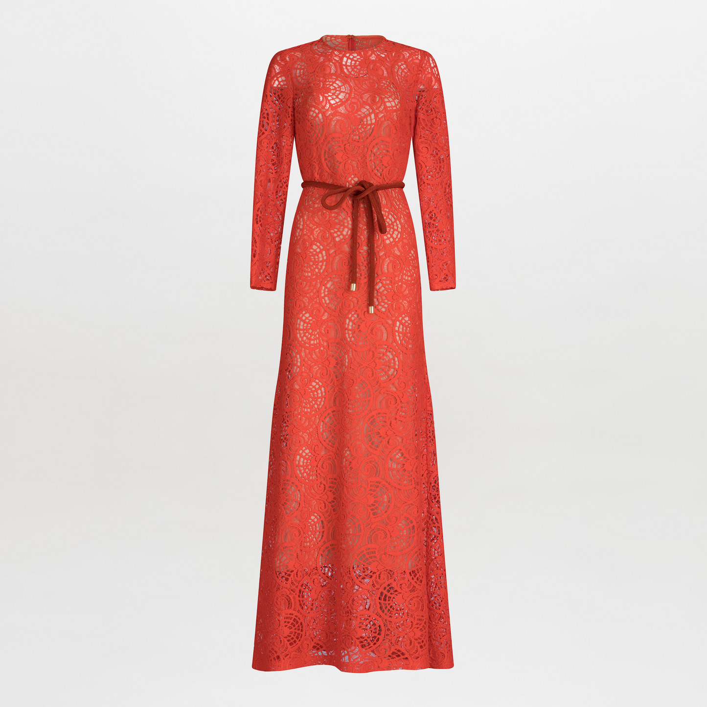 The Ida Dress is an enchanting long-sleeve maxi, designed with red lace and intricate patterns. It features an A-line skirt and cinches elegantly at the waist with a brown belt, all displayed on a plain white background.