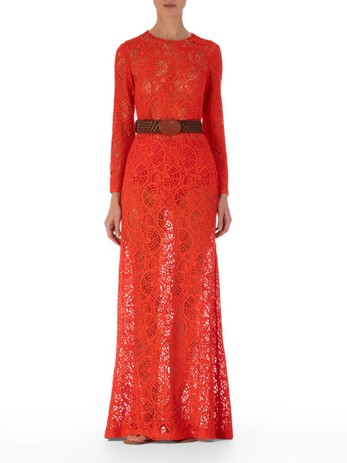 Ida Dress Rouge Embroidery with long sleeves and a belt, displayed against a white background.