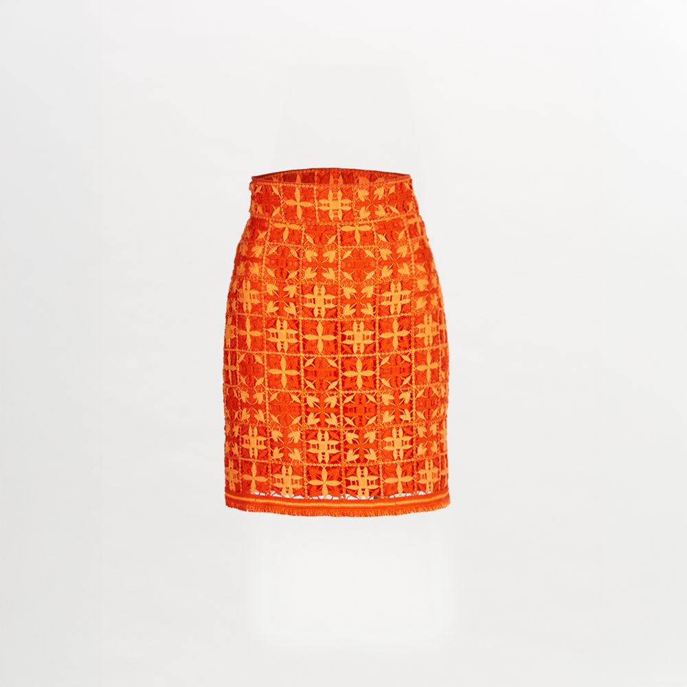 Idalia Skirt Red Orange Crochet with a floral pattern, displayed on a plain white background.