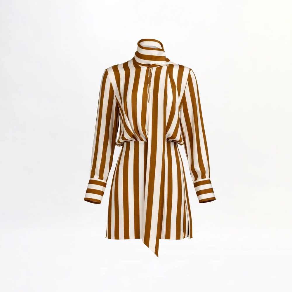The Imelda Dress features long sleeves, a high neck, and wide vertical brown and white stripes. Crafted from Italian fabric with a matching waist tie, the knee-length dress is showcased against a plain white background.