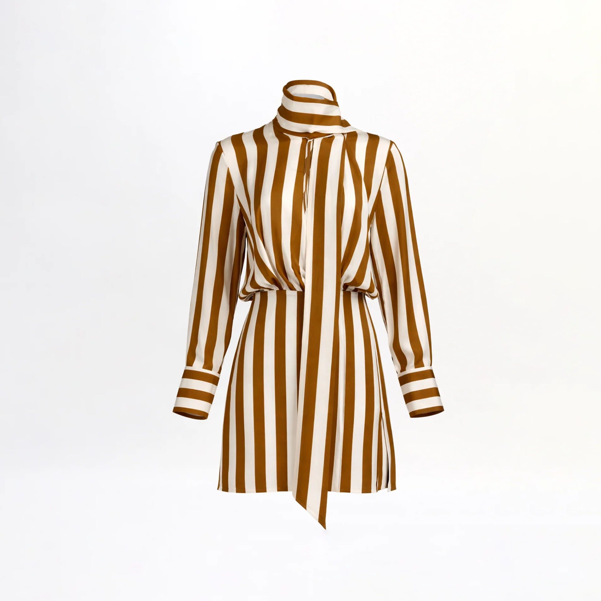 The Imelda Dress features long sleeves, a high neck, and wide vertical brown and white stripes. Crafted from Italian fabric with a matching waist tie, the knee-length dress is showcased against a plain white background.