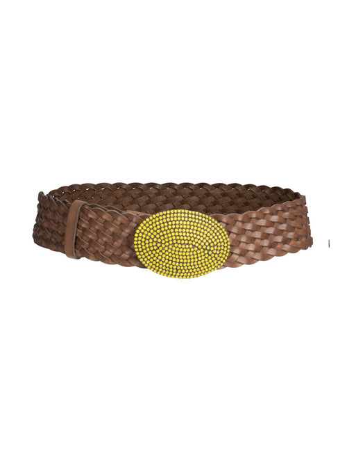 Sentence with replaced product name: Braided calfskin leather Irene Belt Lime with a large, circular yellow bead buckle isolated on a white background.