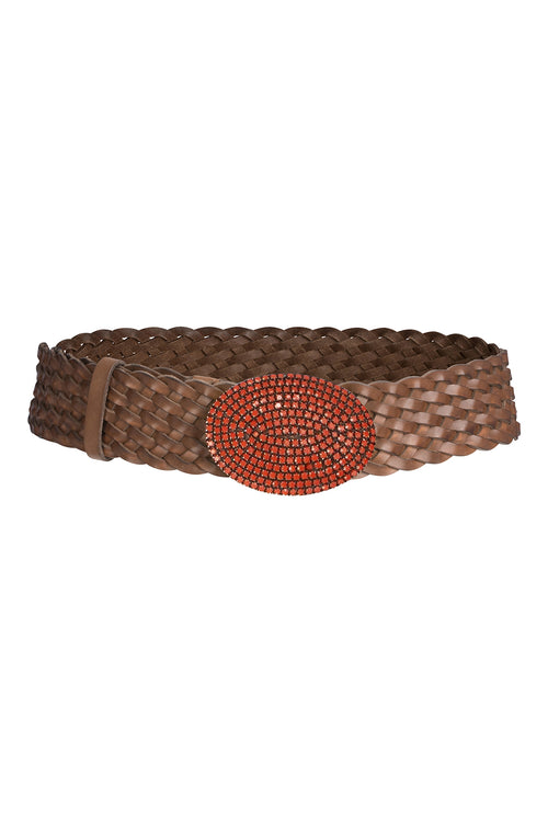 Woven brown calfskin leather Irene Belt Rouge with a large, oval, orange bead embellishment in the center.