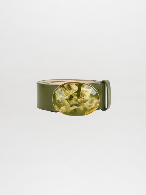 The Irene Belt Olive, made from luxurious Italian leather, is adorned with an eye-catching oval resin buckle showcasing abstract yellow and green patterns—ideal for Fall 2023.