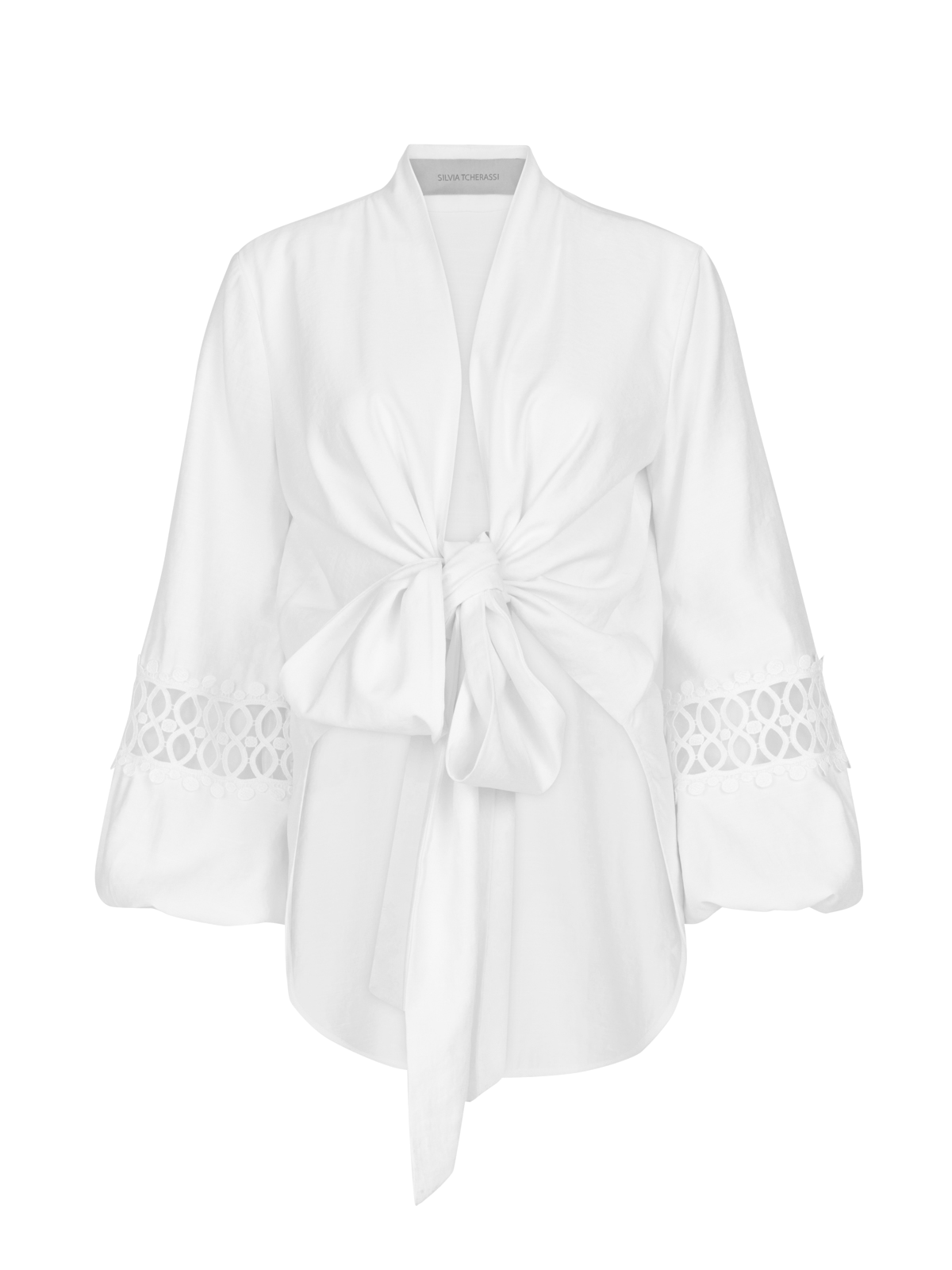 Irme Blouse White with a unique neckline featuring a bow on the front.