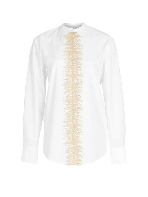 A sophisticated Isabel Blouse White with gold embroidery.