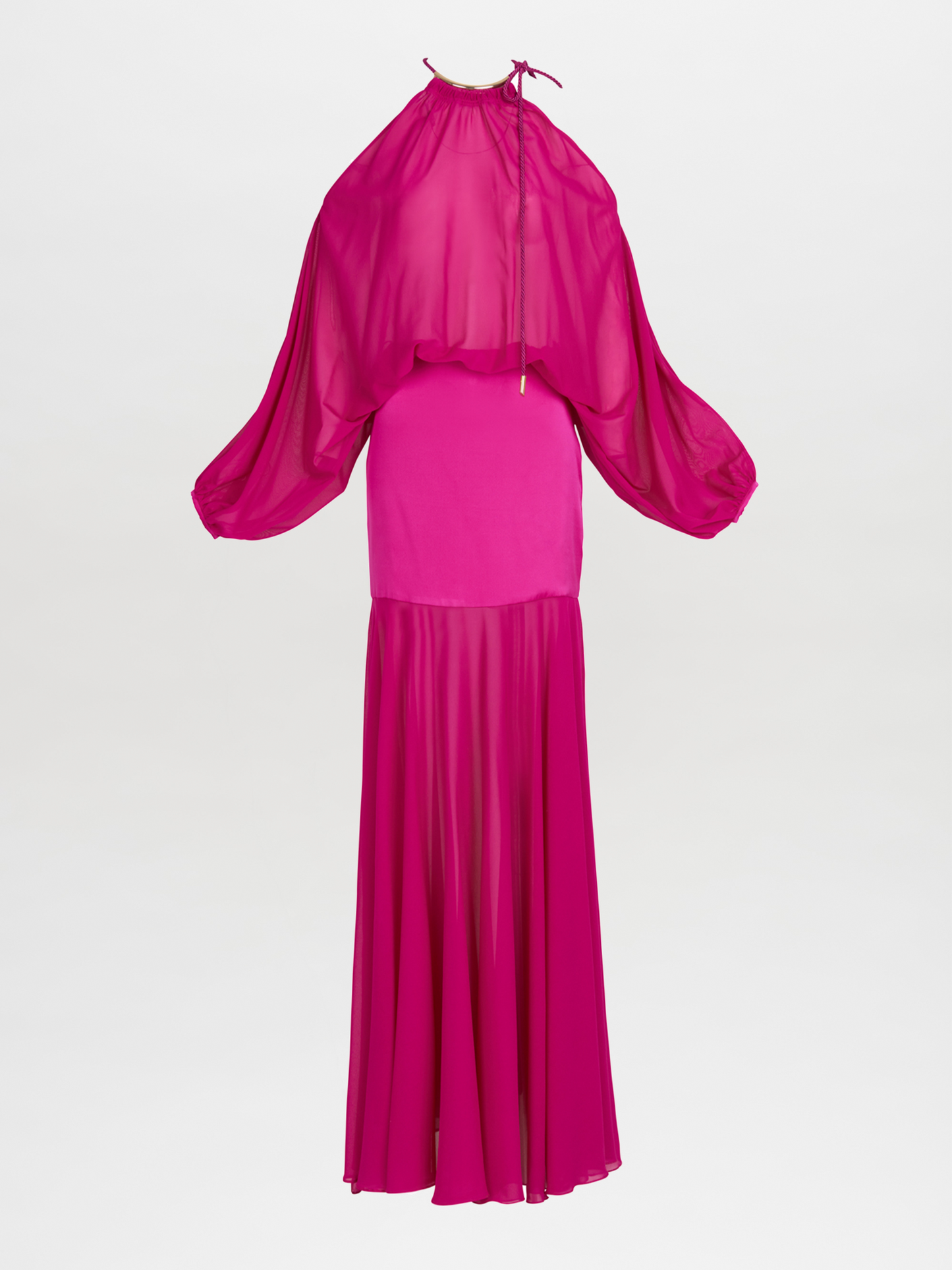 Isadora Dress Fuchsia with sheer long sleeves and a high neck, displayed on a white background.