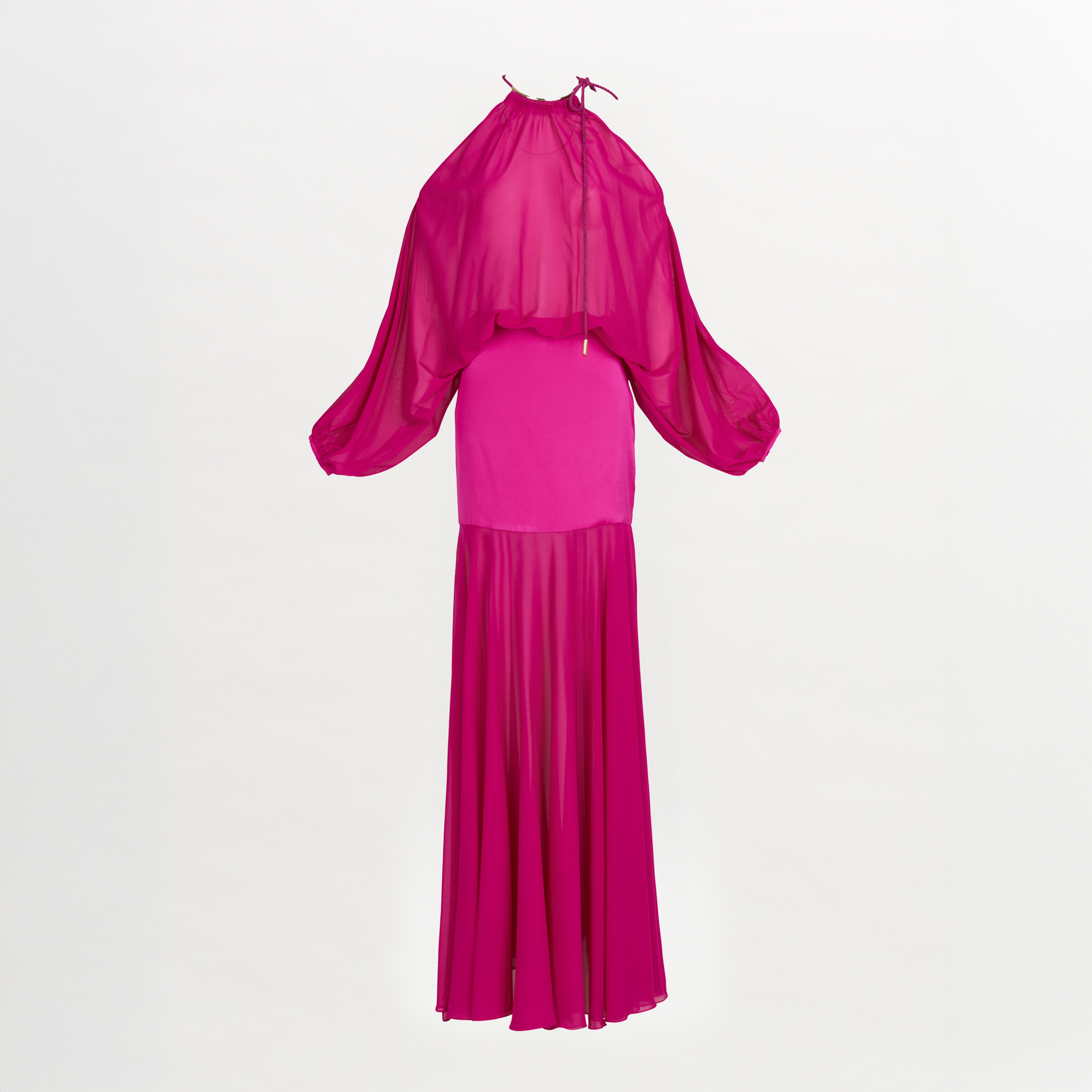 Isadora Dress Fuchsia with sheer long sleeves and a high neck, displayed on a white background.