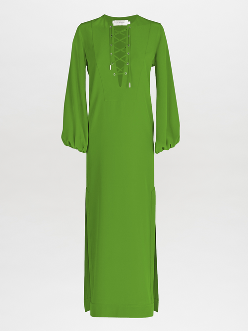 The Isernia Tunic Lime is a long-sleeved green dress featuring a lace-up neckline and side slits.