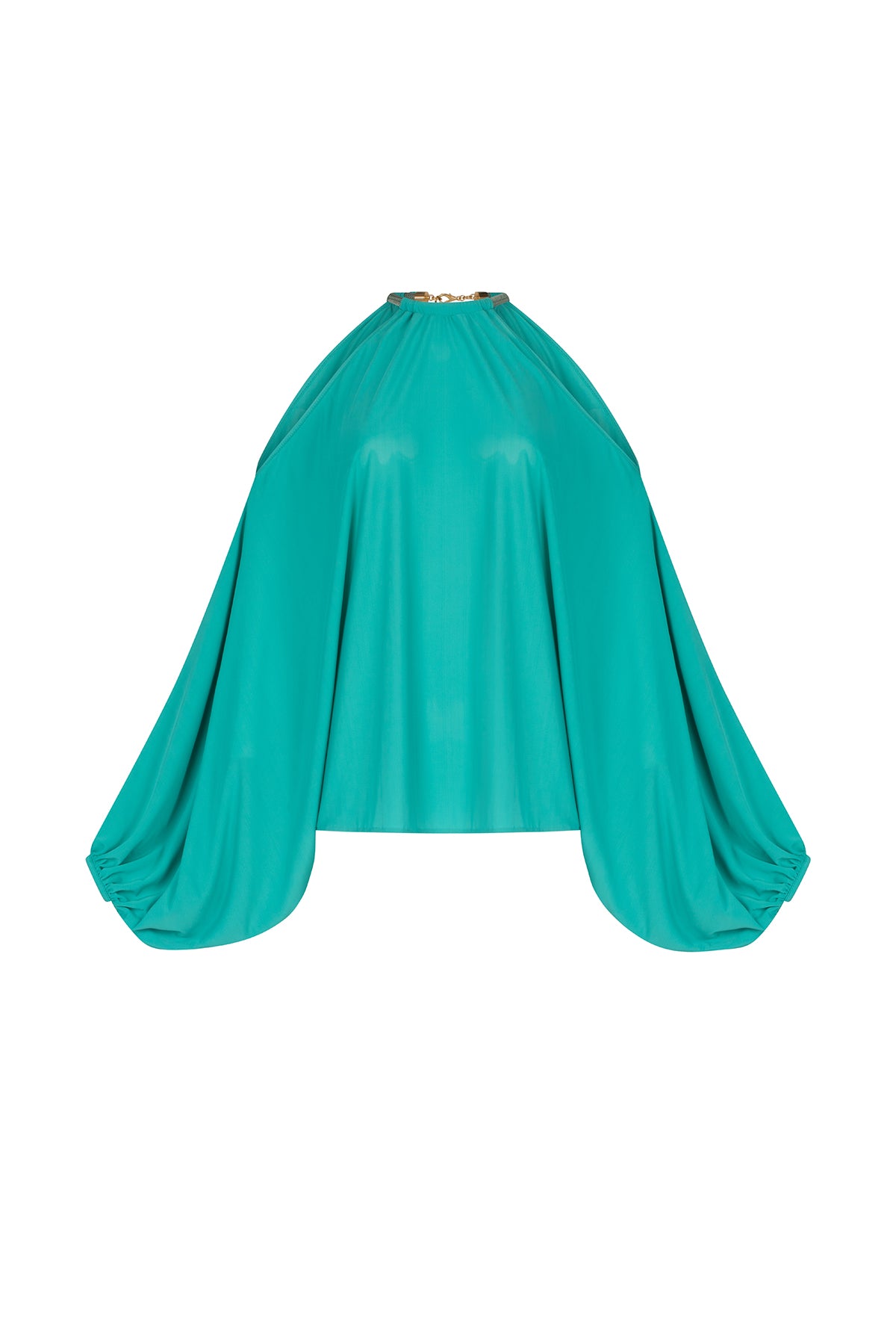 A Janina Blouse Aqua with a metallic jewelry detail around the neck.
