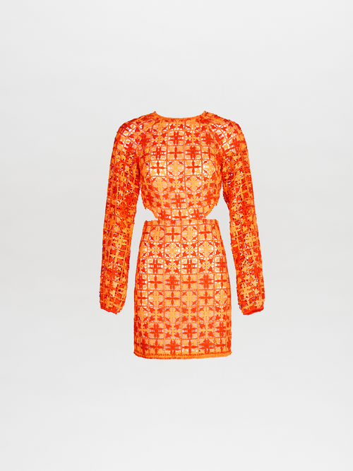 A figure-flattering Janis Dress Red Orange Crochet displayed on a mannequin.