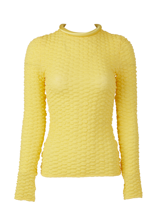 A versatile, long-sleeved Jari Top Yellow with a ruffled neckline made from embossed jacquard fabric.