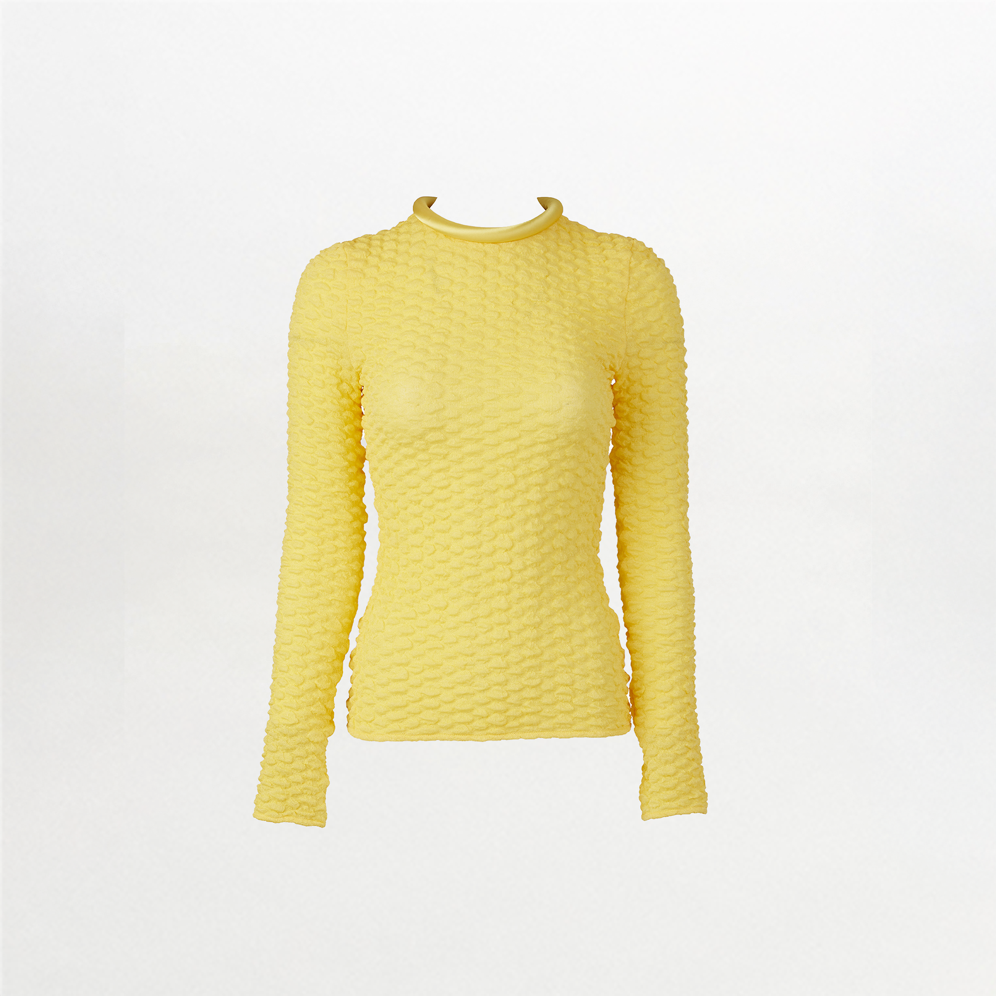 A versatile, long-sleeved Jari Top Yellow with a ruffled neckline made from embossed jacquard fabric.