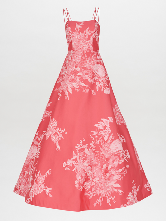 Strapless salmon Julene dress with white floral embroidery design.