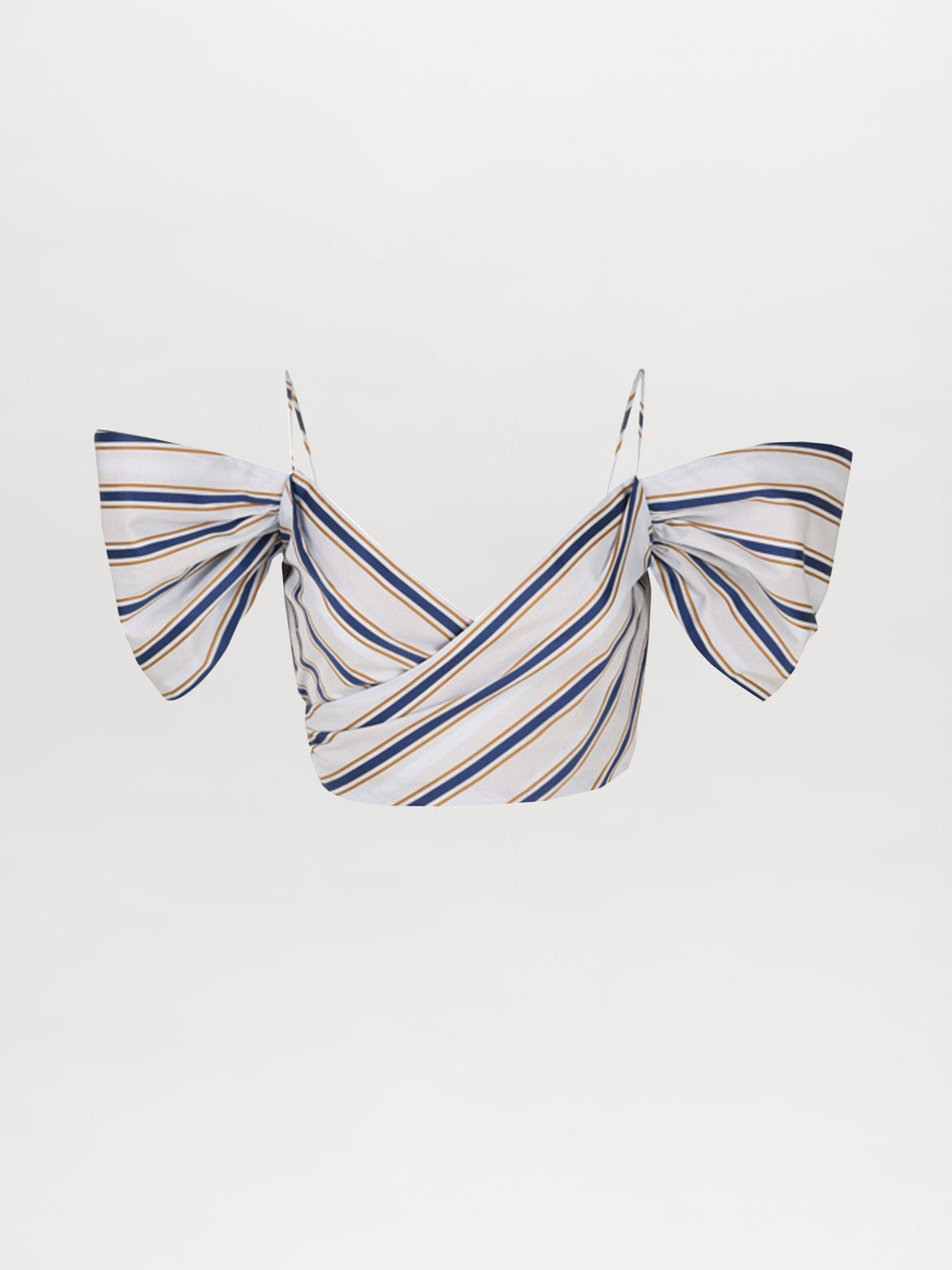 The Khandi Top in Camel Navy Stripes by Silvia Tcherassi showcases a cropped design with striped geometric patterns, a crisscross front, and ruffled off-the-shoulder sleeves set against a plain backdrop.