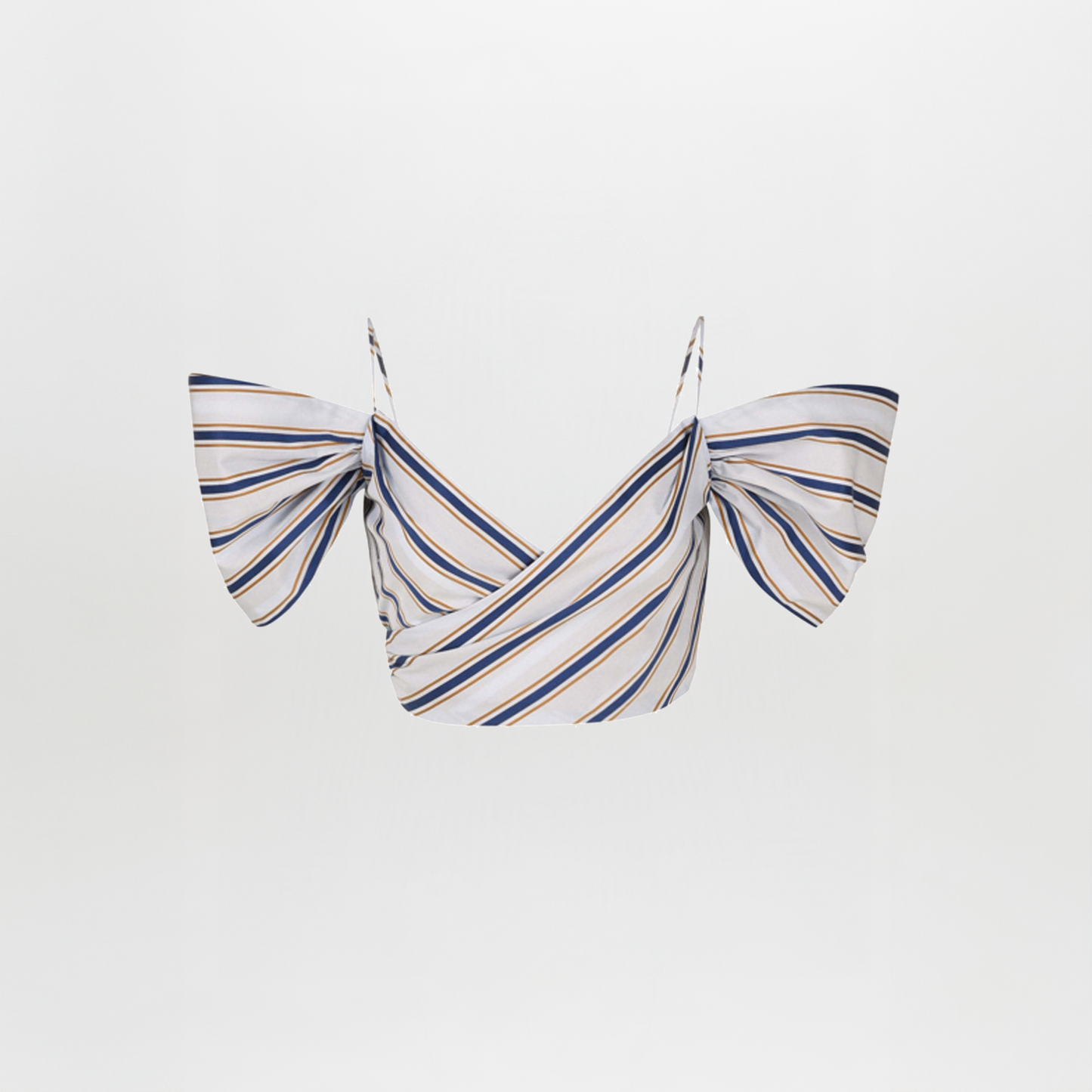 The Justine Skirt Camel Navy Stripes is a long, tiered midi skirt featuring a navy blue top section, a brown middle section adorned with cotton guipure lace detail, and a striped bottom section in shades of blue, brown, and white.