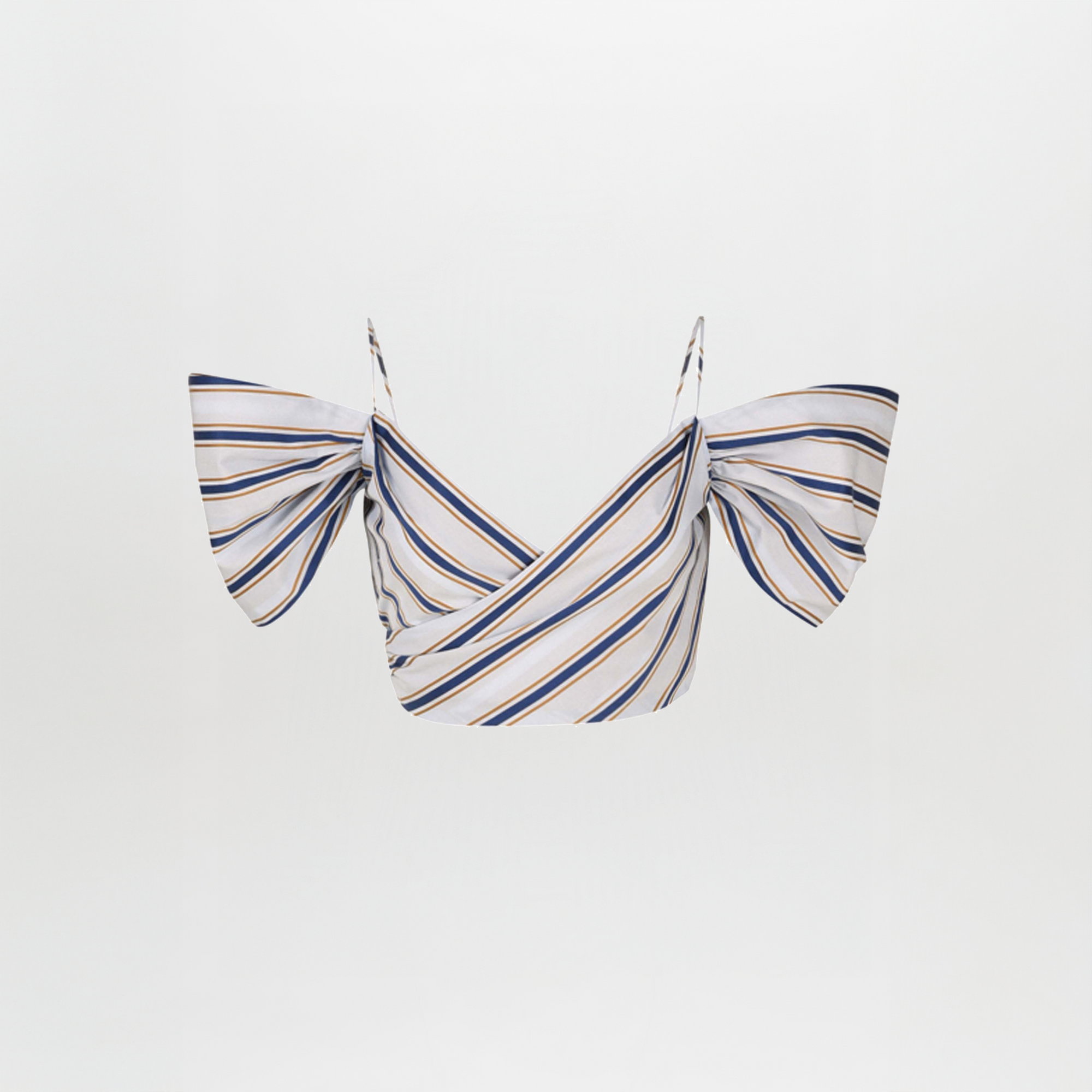 The Justine Skirt Camel Navy Stripes is a long, tiered midi skirt featuring a navy blue top section, a brown middle section adorned with cotton guipure lace detail, and a striped bottom section in shades of blue, brown, and white.