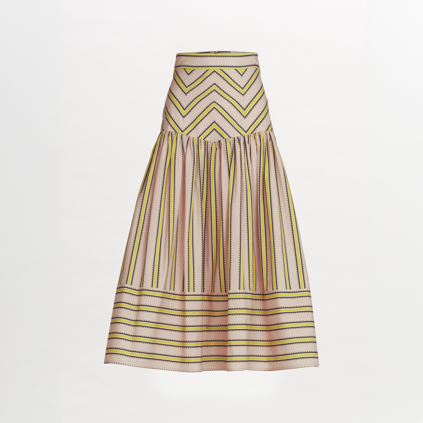 The Kristina Skirt is a high-waisted A-line midi made from 100% Italian cotton, featuring pink, yellow, and black geometric stripes and chevrons, gathered at the hip with a flared hem.