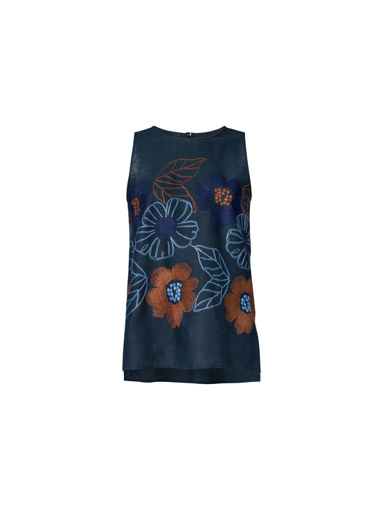 A sleeveless Leonora blouse in navy blue, featuring large blue and orange floral prints with a leafy design on the front, is available for shipping by September 2024.