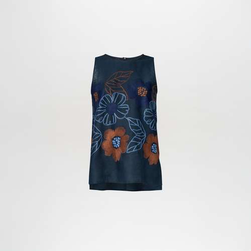 The Leonora Blouse, a sleeveless navy top, features intricate floral embroidery with vibrant orange and blue flowers and leaves on breathable linen.