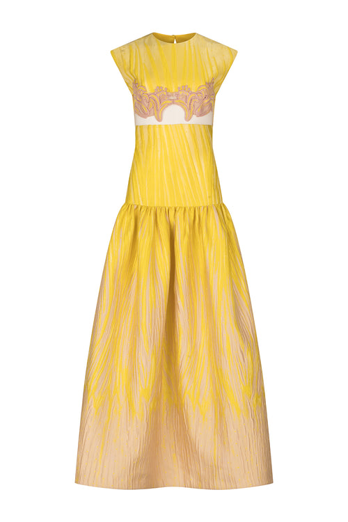 A yellow Leonor Dress Yellow Pink Ripple with guipure lace applique.