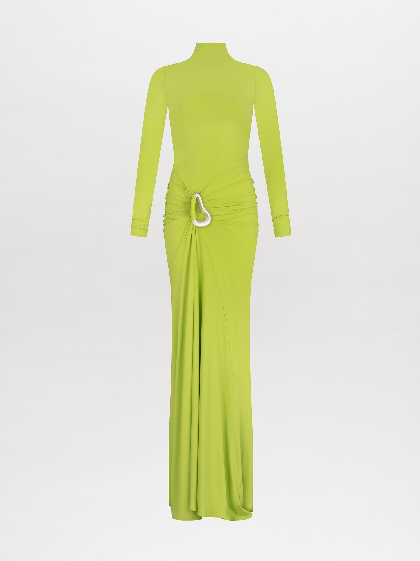 A person is wearing the Lena Dress Lime, a long, lime green dress with long sleeves and a high neckline. The dress, which is available for shipping by February 15th, features cut-out details at the sides and a gathered, draped front. White background.