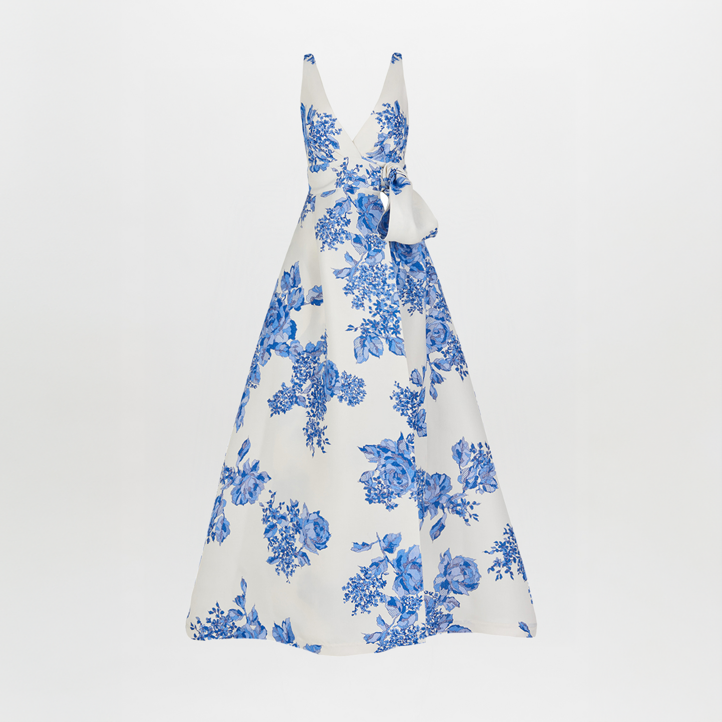 White sleeveless Logan Dress Blue Rose Motif with a bow on the shoulder, displayed against a white background.