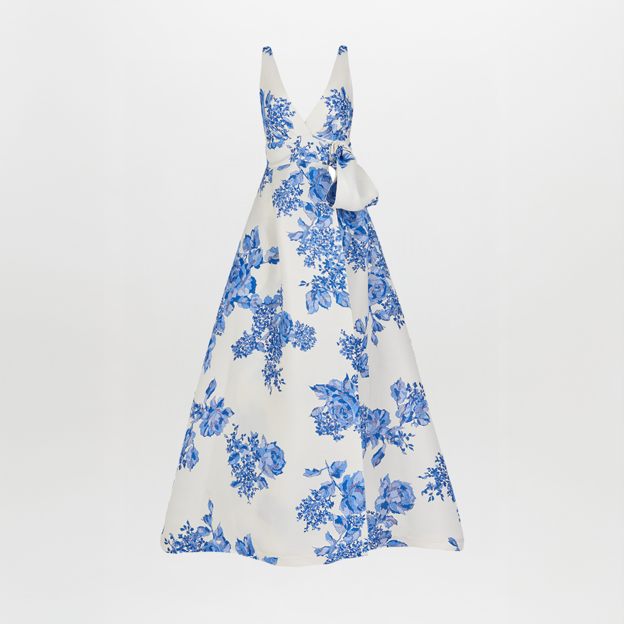 White sleeveless Logan Dress Blue Rose Motif with a bow on the shoulder, displayed against a white background.