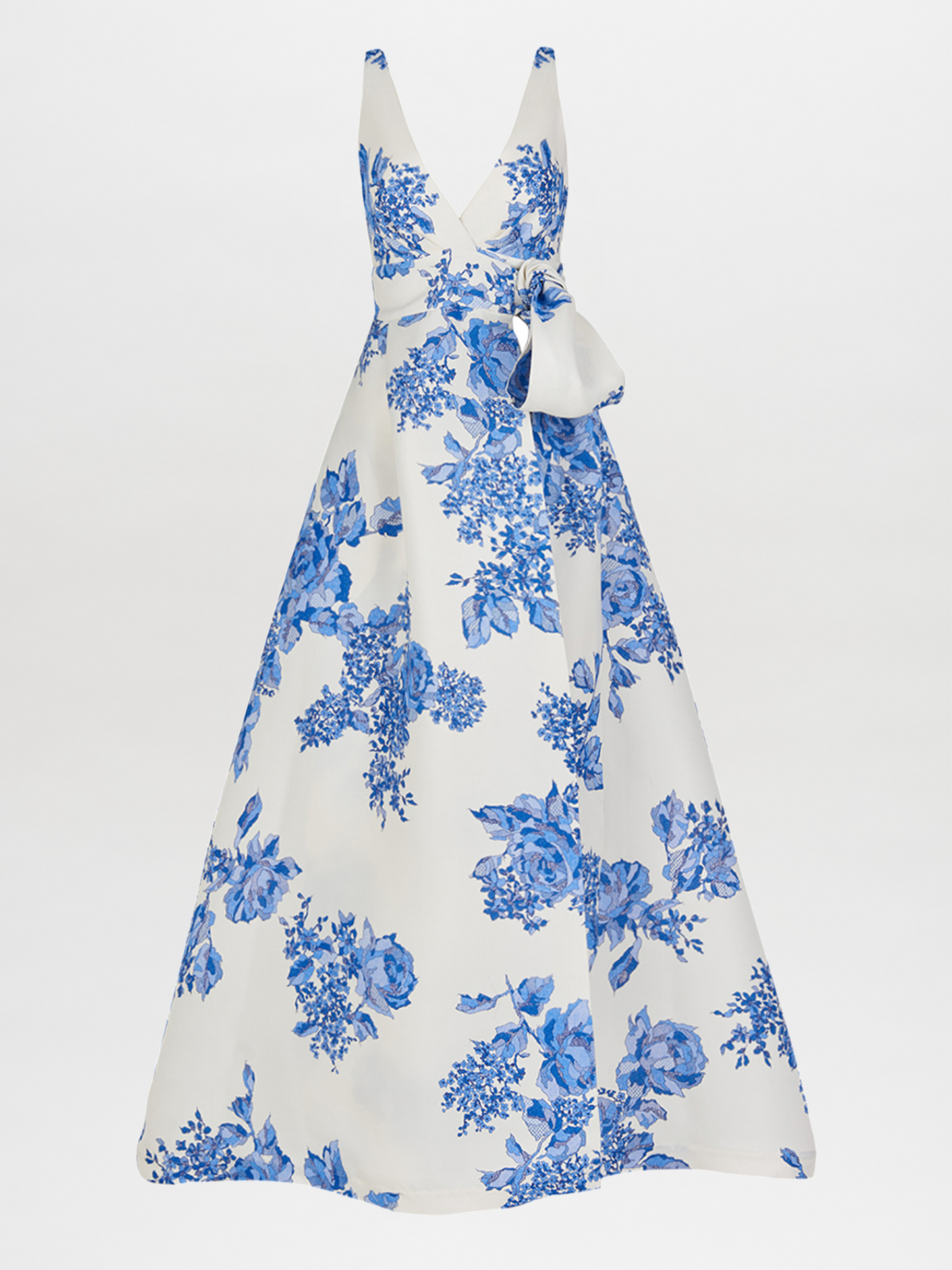 White sleeveless Logan Dress Blue Rose Motif with a bow on the shoulder, displayed against a white background.