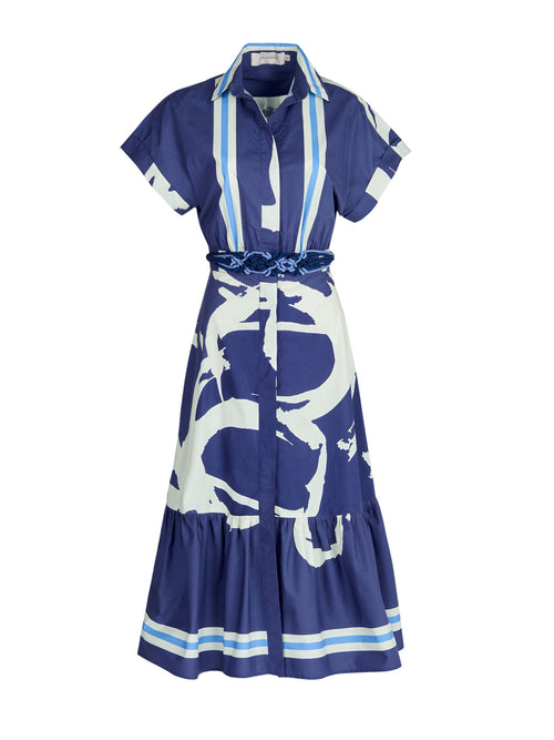 A blue and white print Loni Dress Navy Stripes made of cotton.