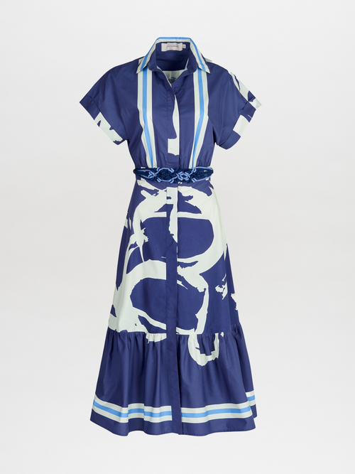 A blue and white print Loni Dress Navy Stripes made of cotton.