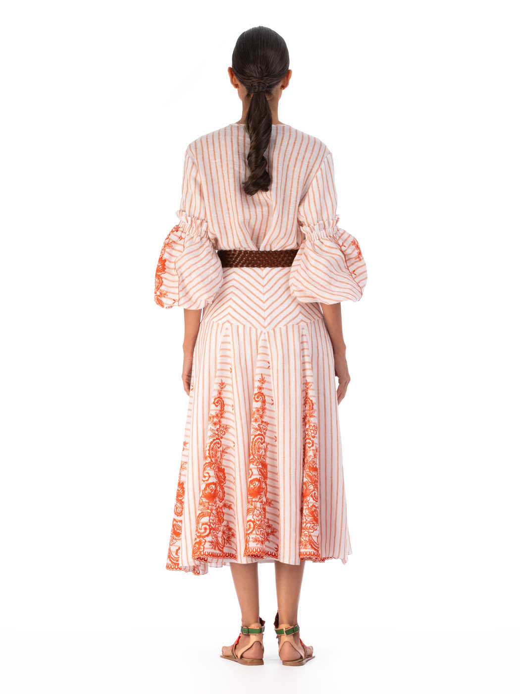 High waisted Fairus Skirt Coral Paisleys Stripes with intricate orange embroidery, isolated on a white background.