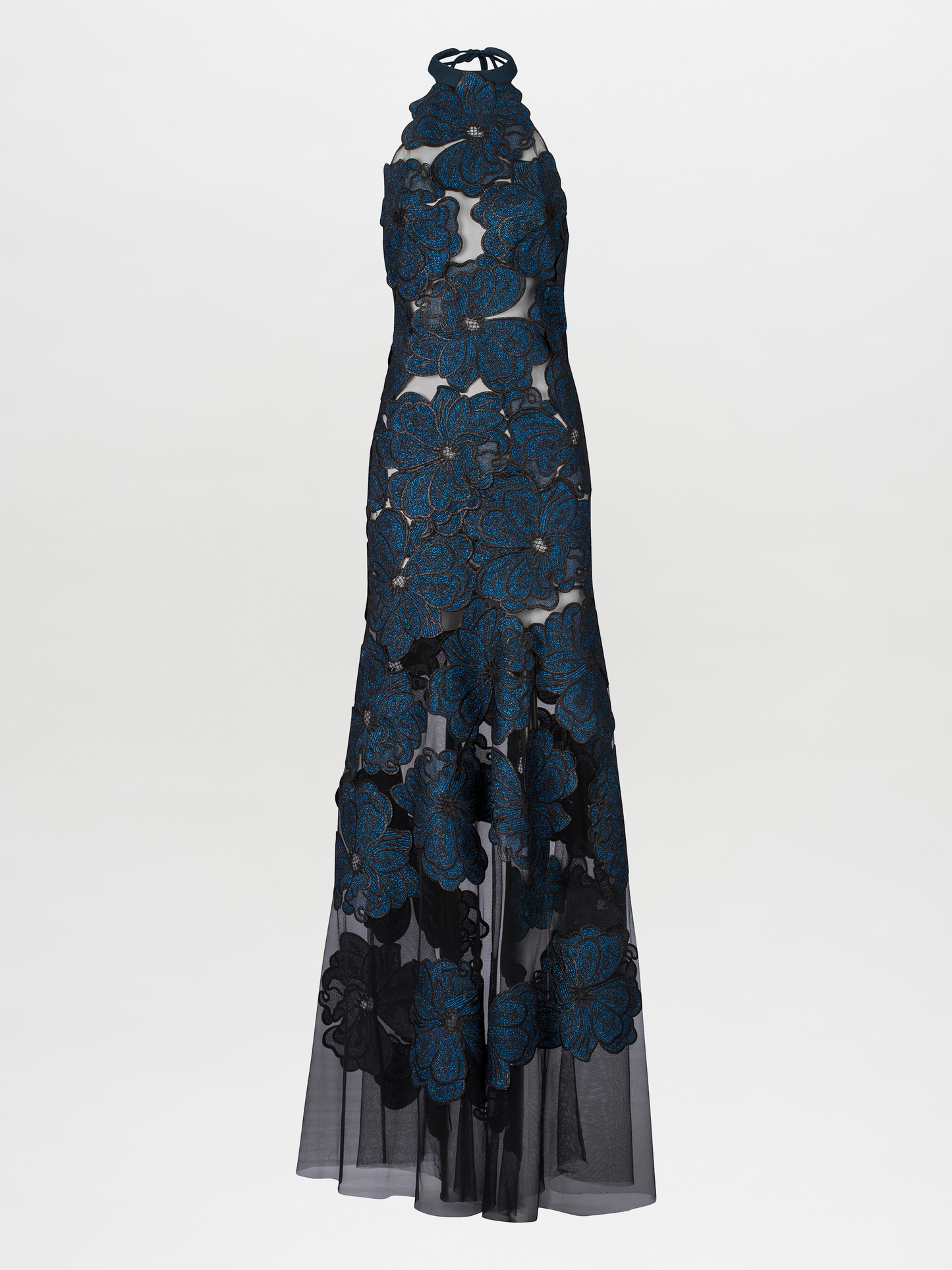 Mab Dress Navy with a halter neckline, showcasing lace floral appliques on sheer fabric, featuring a fitted silhouette.