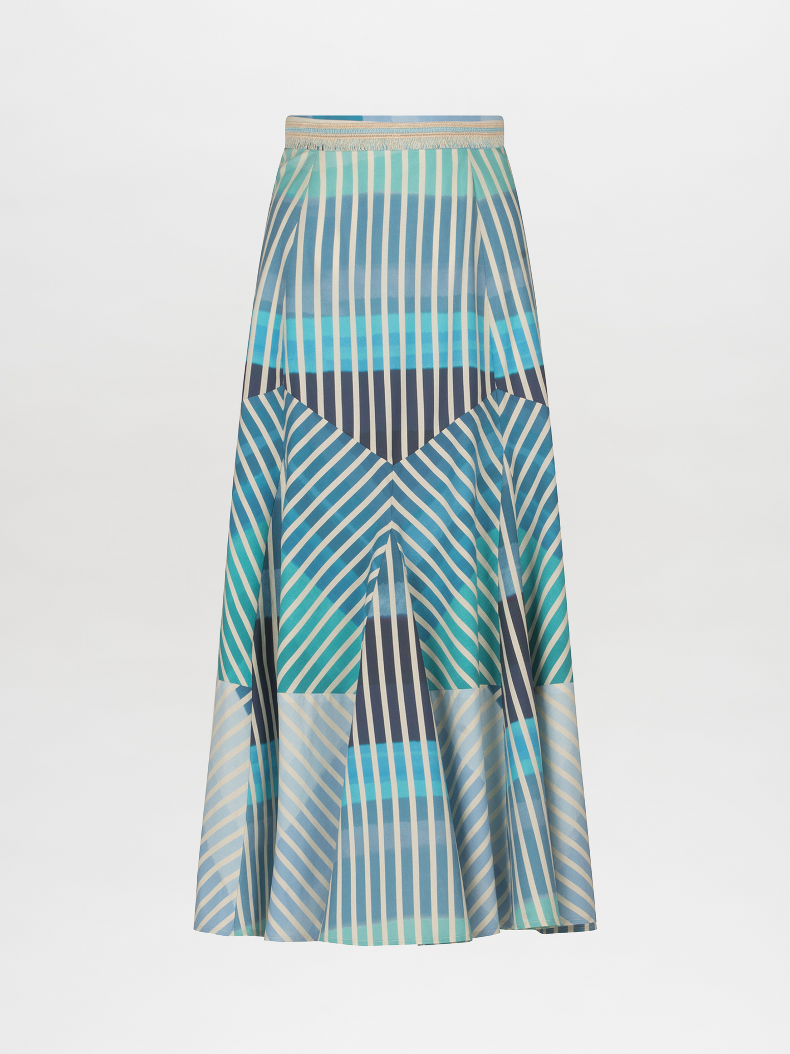 A Madaini Skirt Infinite Blue Stripes with a multicolor stripe pattern.