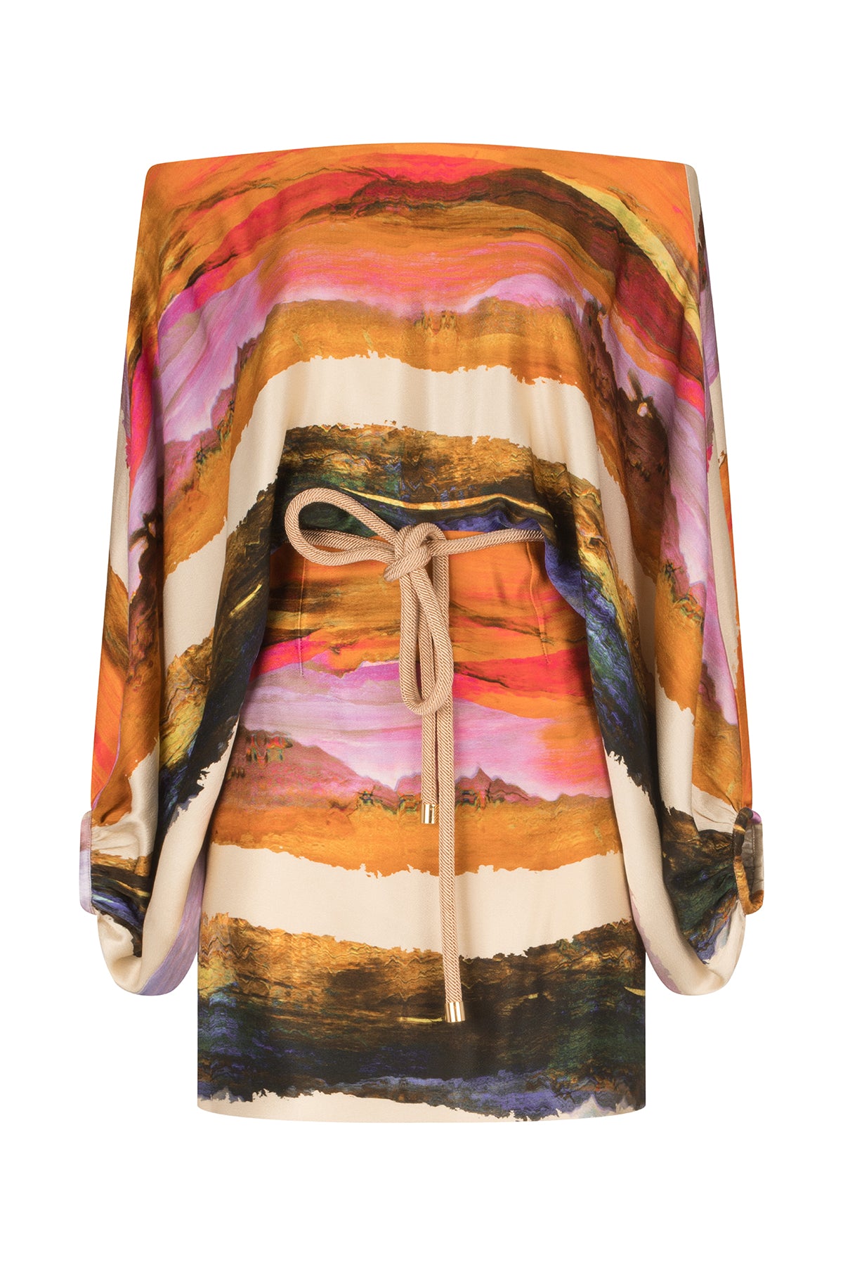 An off-the-shoulder Manon Dress Orange Orchid Abstract Stripes with an abstract painting.