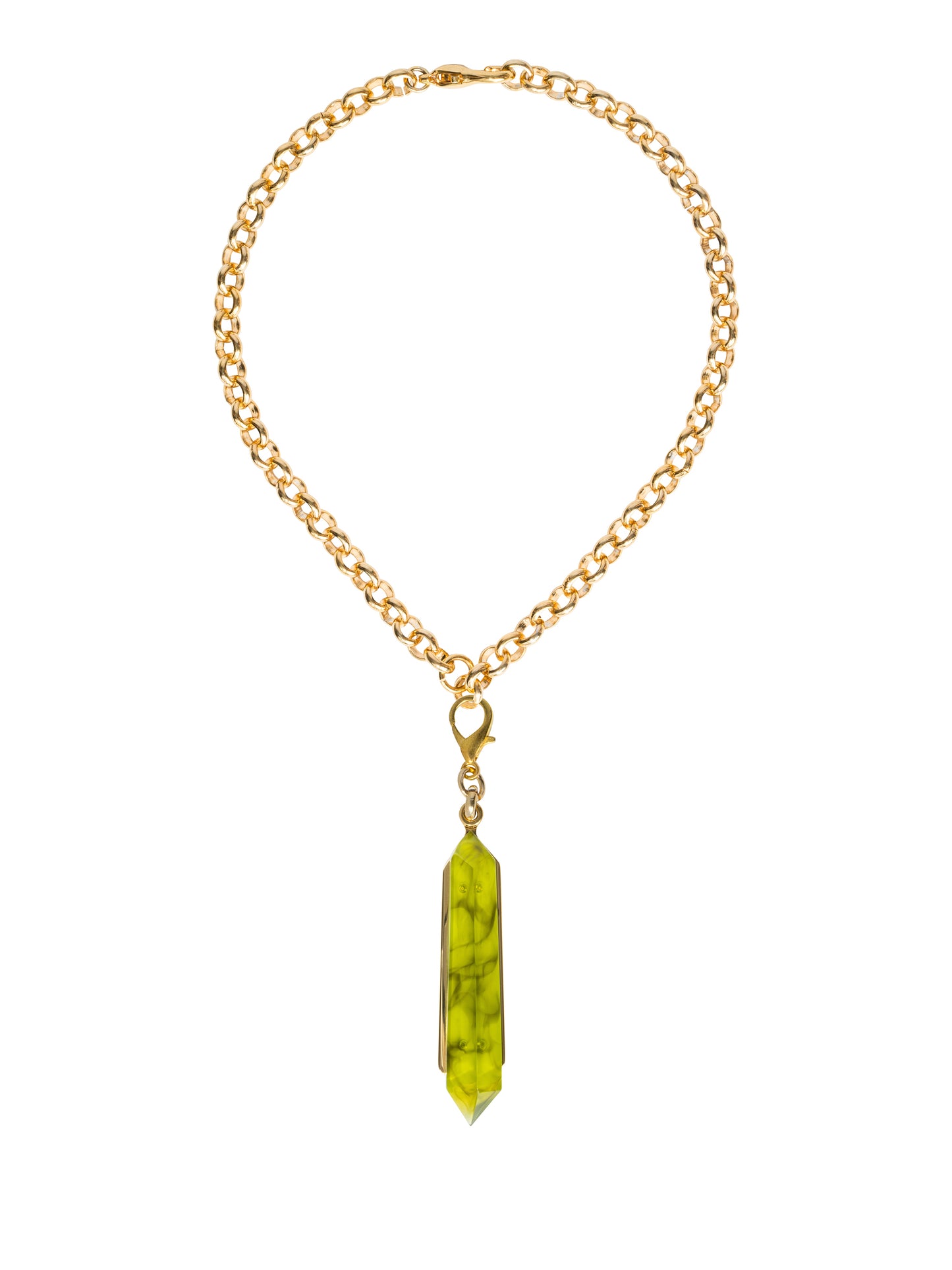 The Mariela Necklace Green features a gold chain with a green crystal pendant attached by a clasp, and it will be available for shipping on September 2nd, 2024.