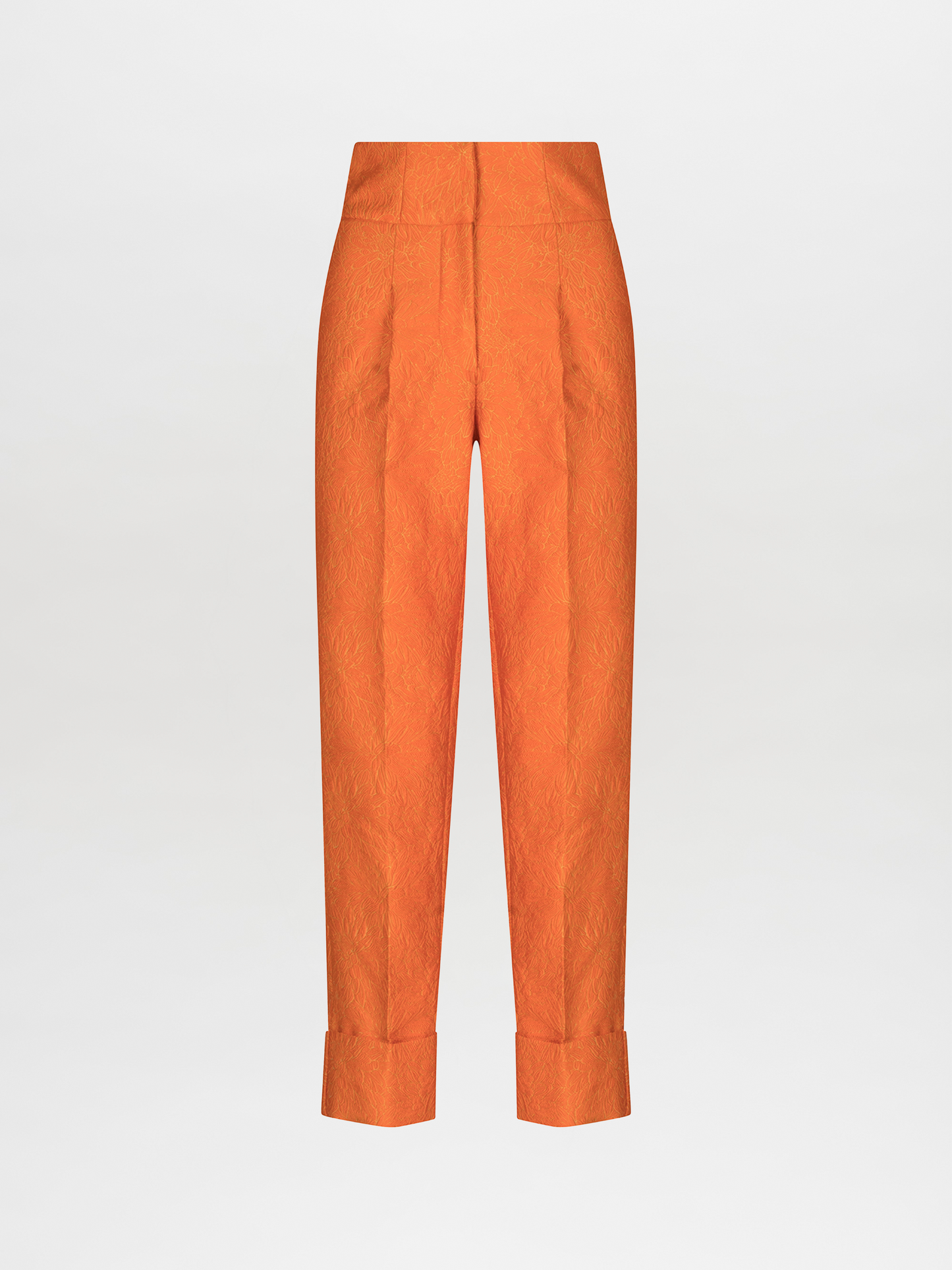 A pair of Moad Pant Orange Petal with pleating details.