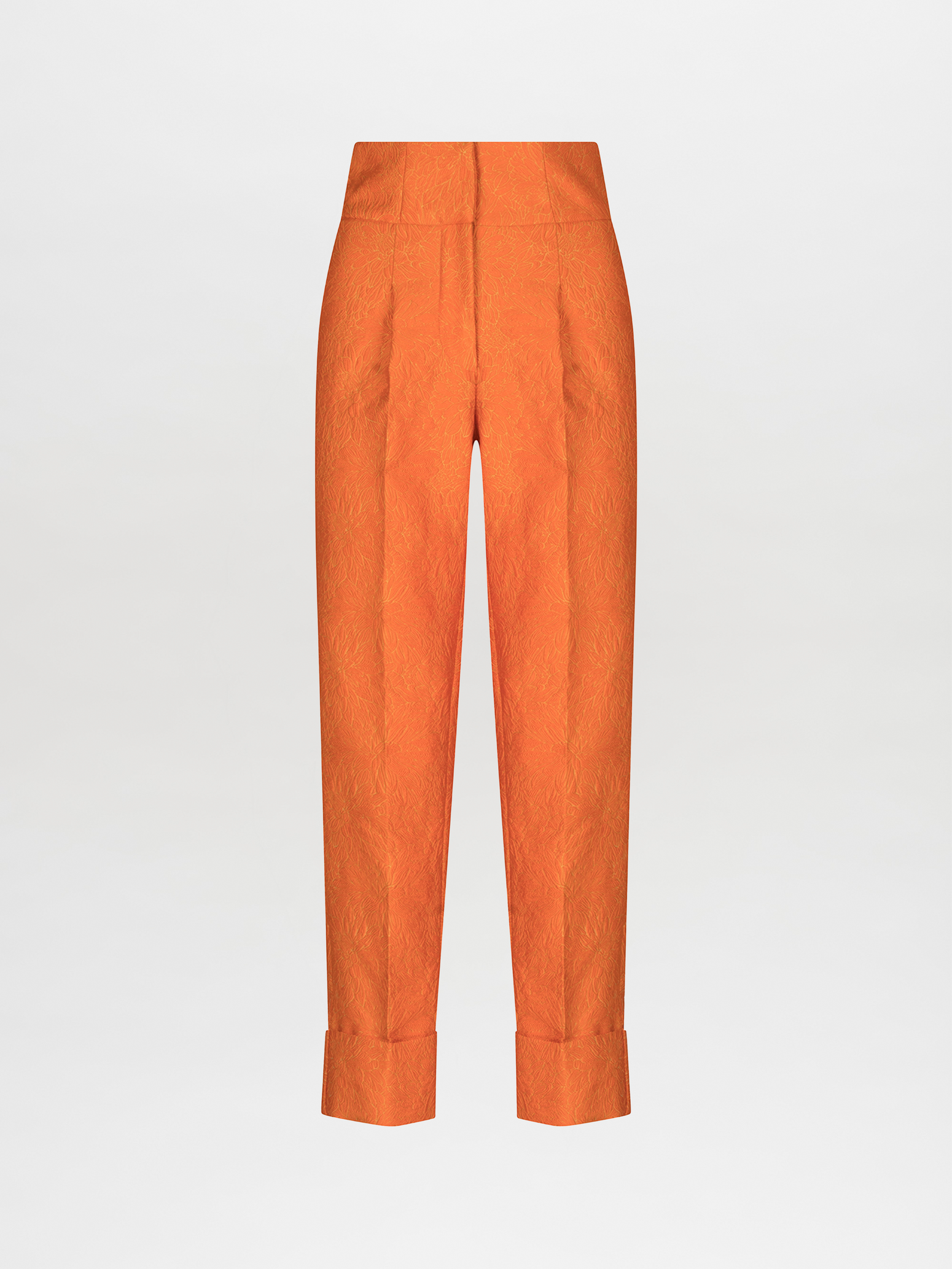 A pair of Moad Pant Orange Petal with pleating details.