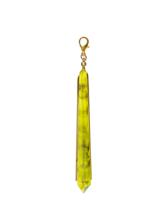 A Montse Charm Green yellow and green marbled pointed crystal pendant with a gold clasp, perfect for those celebrating special dates like August 19th or September 2nd, 2024.