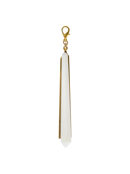 The Montse Charm Pearl is a long, slender crystal pendant with a gold clasp, perfect for making a statement on any occasion. It's ideal for gifting on August 19th or September 2nd.