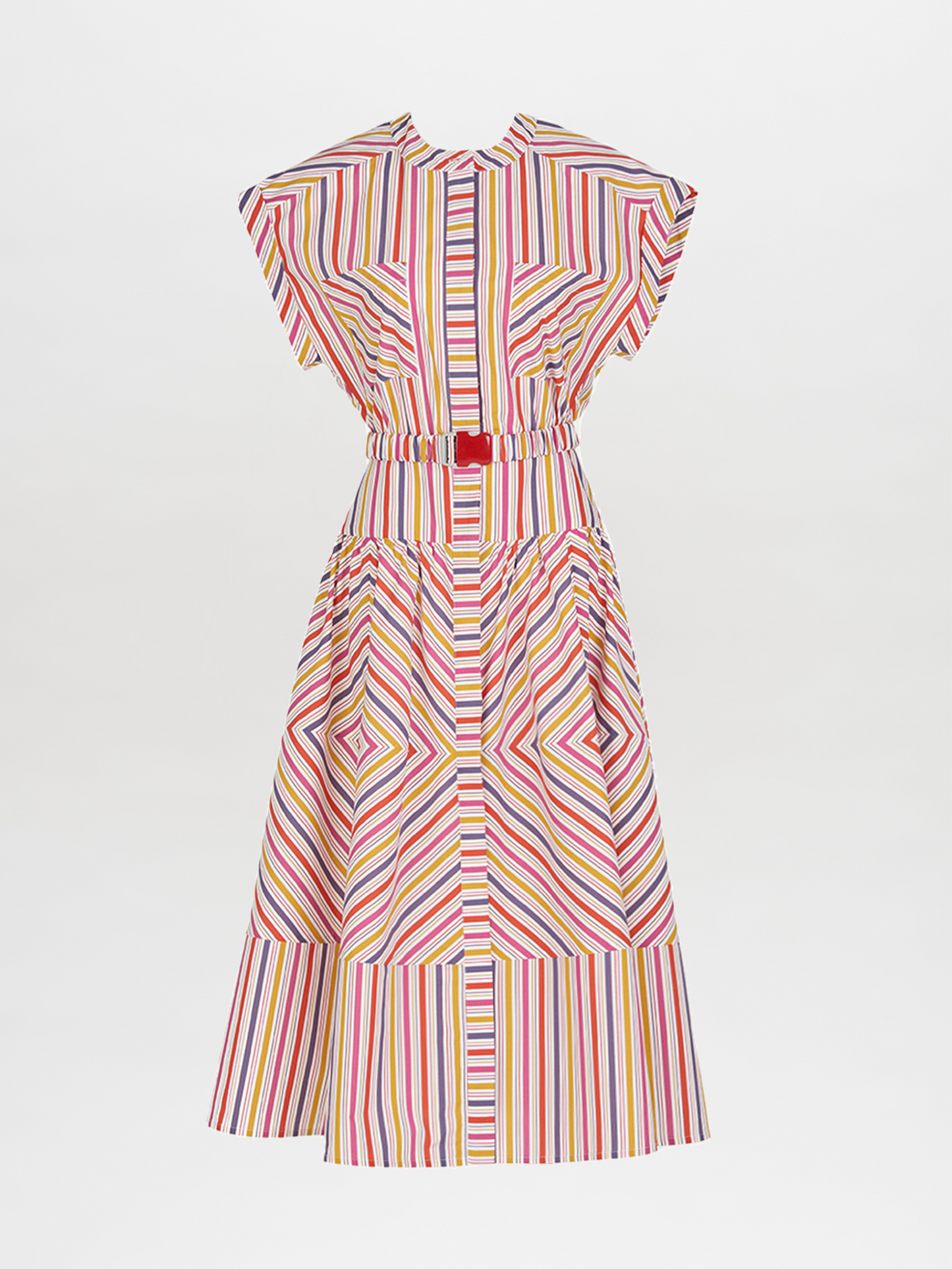 The Macarena Dress Golden Magenta Stripes is a sleeveless garment made from golden magenta striped fabric, adorned with vibrant vertical and geometric patterns. It comes with a detachable belt, making it an ideal novelty piece for warm weather.