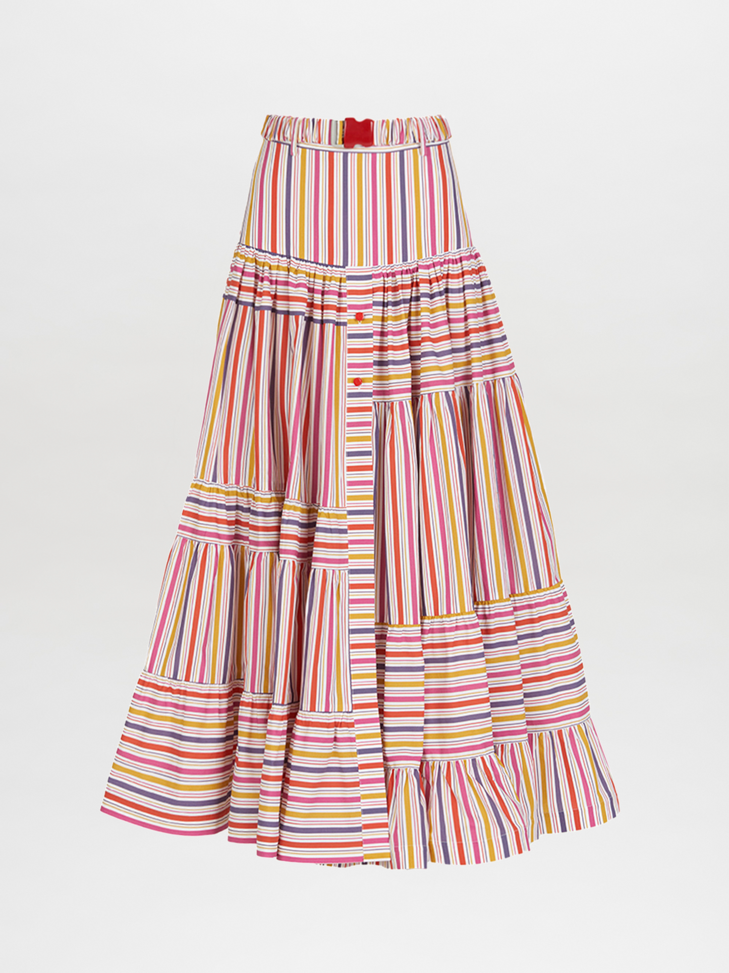 The Magnolia Skirt Golden Magenta Stripes by Silvia Tcherassi features colorful stripes and ruffles for a playful look.