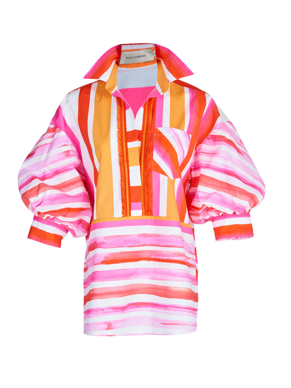 A Manrola Blouse Rouge Orange Stripes with orange and pink watercolor brushstrokes.
